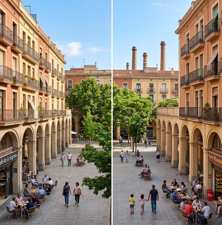 Vistas de las plazas, el pasado industrial y la vida vecinal en La Sagrera, Barcelona